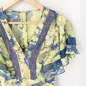 BCBG Lime & Blue Floral v-neck Ruffle Sleeve Dress